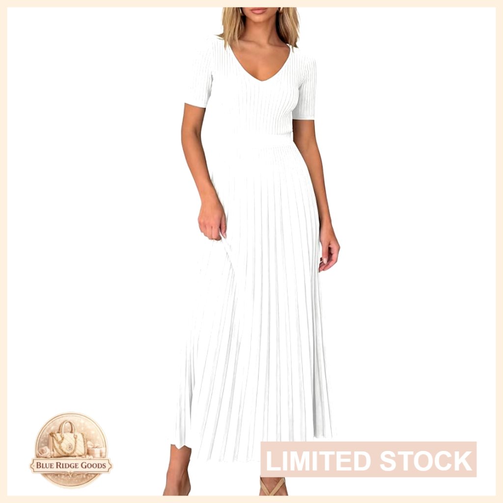 Midi Sweater Dress Pleated Ribbed Knit V Neck A Line Chic Casual Elegant